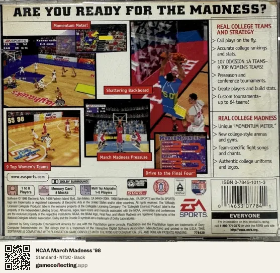 NCAA March Madness '98 PlayStation, NTSC box back