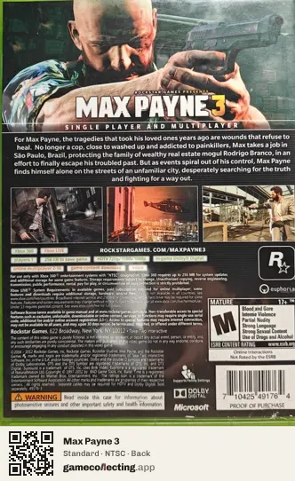 Max Payne 3 Xbox 360, NTSC box back