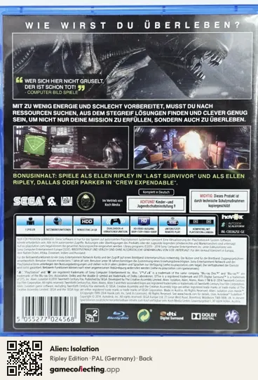 Alien: Isolation PlayStation 4, Germany box back