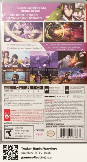 Touken Ranbu Warriors Nintendo Switch, NTSC box back