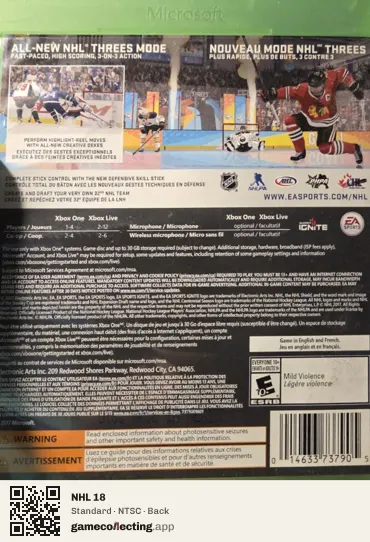NHL 18 Xbox One, NTSC box back