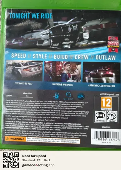 Need for Speed Xbox One, PAL box back