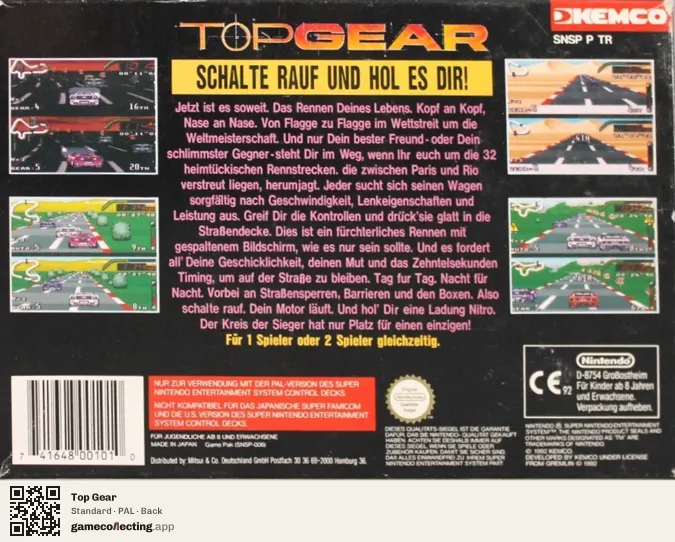Top Gear Super Nintendo Entertainment System, PAL box back