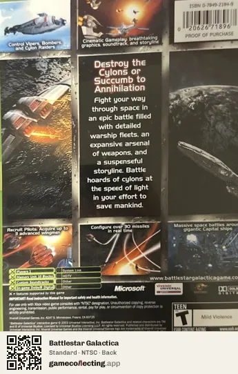 Battlestar Galactica Xbox, NTSC box back