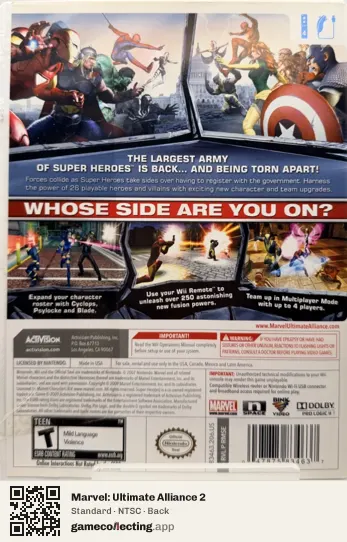 Marvel: Ultimate Alliance 2 Nintendo Wii, NTSC box back