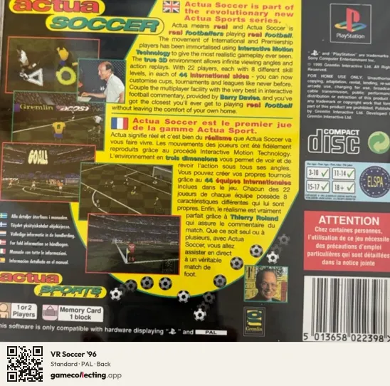 VR Soccer '96 PlayStation, PAL box back