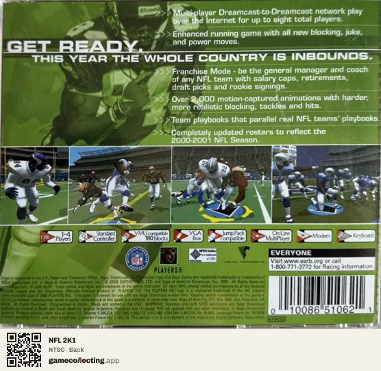 NFL 2K1 Sega Dreamcast, NTSC box back