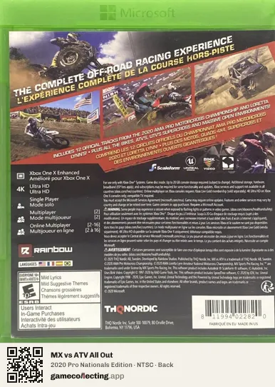MX vs ATV All Out Xbox One, NTSC box back