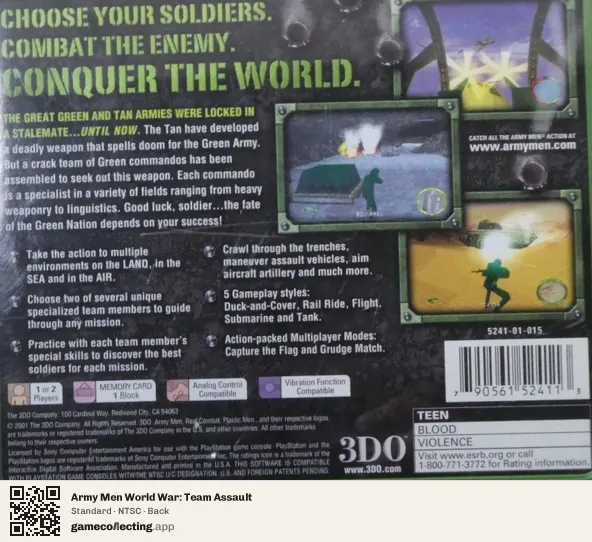 Army Men World War: Team Assault PlayStation, NTSC box back