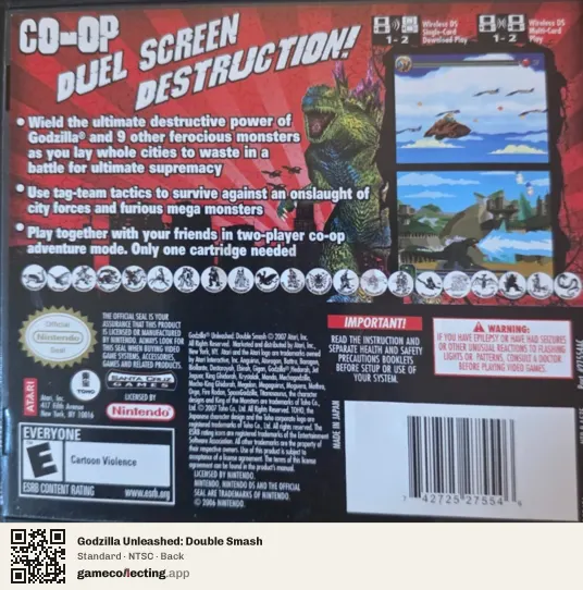 Godzilla Unleashed: Double Smash Nintendo DS, NTSC box back