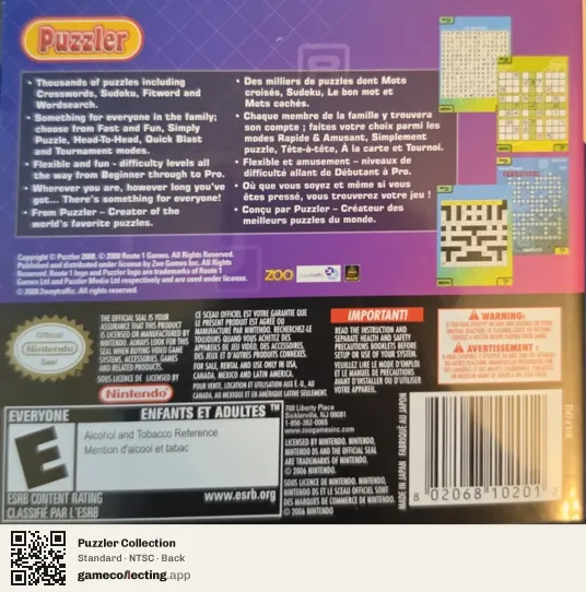Puzzler Collection Nintendo DS, NTSC box back