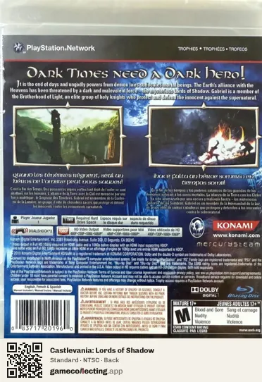 Castlevania: Lords of Shadow PlayStation 3, NTSC box back