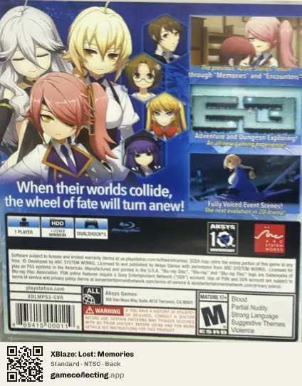 XBlaze: Lost: Memories PlayStation 3, NTSC box back