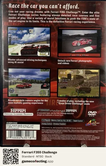 Ferrari F355 Challenge PlayStation 2, NTSC box back