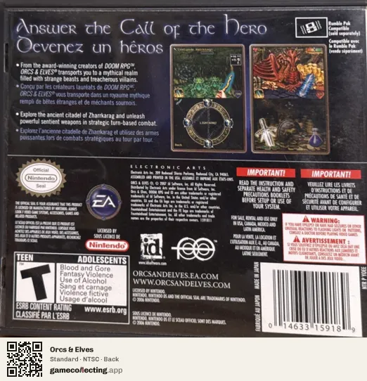 Orcs & Elves Nintendo DS, NTSC box back