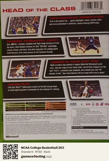 NCAA College Basketball 2K3 Xbox, NTSC box back