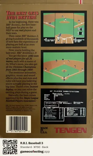 R.B.I. Baseball 3 Nintendo Entertainment System, NTSC box back
