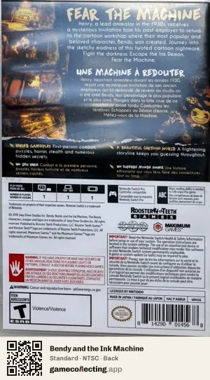 Bendy and the Ink Machine Nintendo Switch, NTSC box back