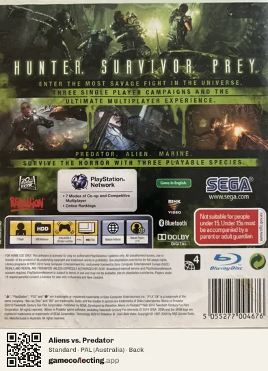 Aliens vs. Predator PlayStation 3, Australia box back