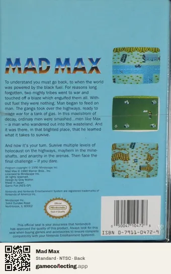 Mad Max Nintendo Entertainment System, NTSC box back