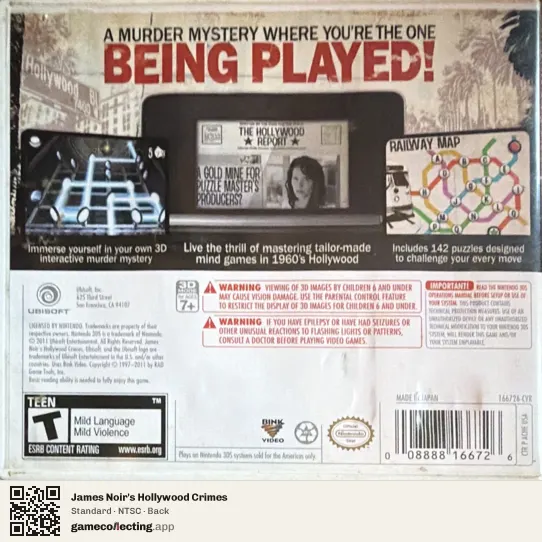 James Noir's Hollywood Crimes Nintendo 3DS, NTSC box back