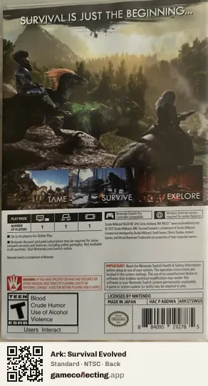 Ark: Survival Evolved Nintendo Switch, NTSC box back