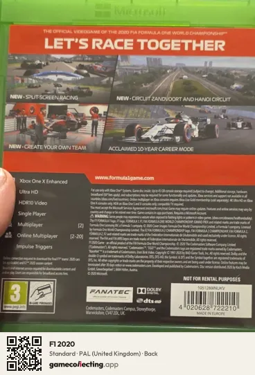 F1 2020 Xbox One, United Kingdom box back