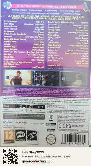 Let's Sing 2025 Nintendo Switch, United Kingdom box back