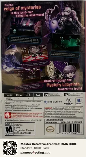 Master Detective Archives: RAIN CODE Nintendo Switch, NTSC box back