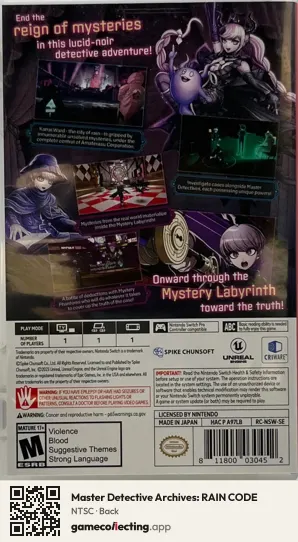 Master Detective Archives: RAIN CODE Nintendo Switch, NTSC box back