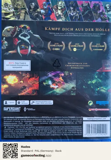 Hades PlayStation 5, Germany box back