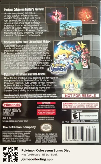 Pokémon Colosseum Bonus Disc Nintendo GameCube, NTSC box back