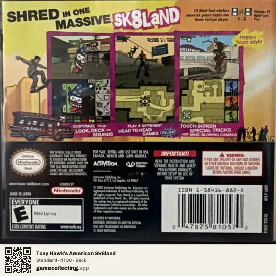 Tony Hawk's American Sk8land Nintendo DS, NTSC box back