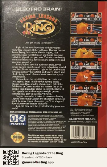 Boxing Legends of the Ring Sega Mega Drive / Genesis, NTSC box back