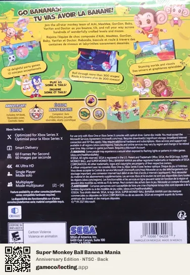Super Monkey Ball Banana Mania Xbox Series X, NTSC box back