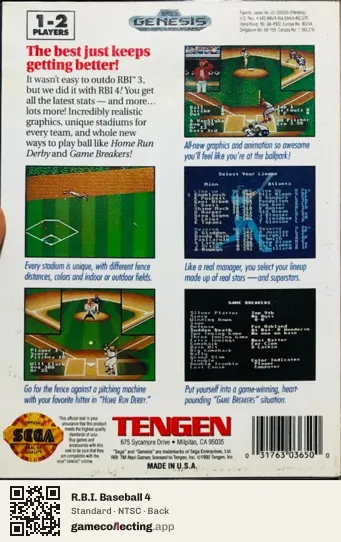 R.B.I. Baseball 4 Sega Mega Drive / Genesis, NTSC box back