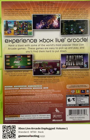 Xbox Live Arcade Unplugged: Volume 1 Xbox 360, NTSC box back