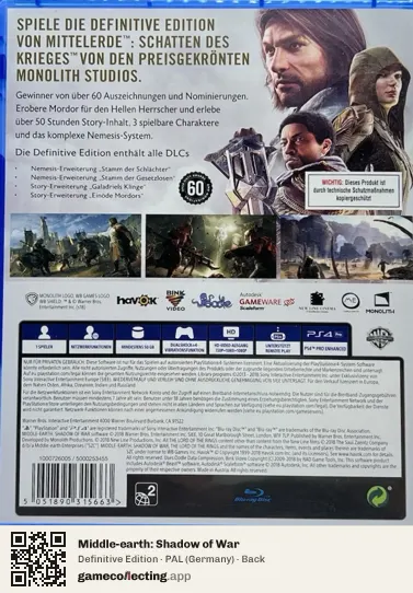 Middle-earth: Shadow of War PlayStation 4, Germany box back