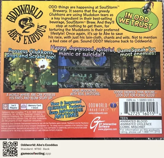 Oddworld: Abe's Exoddus PlayStation, NTSC box back