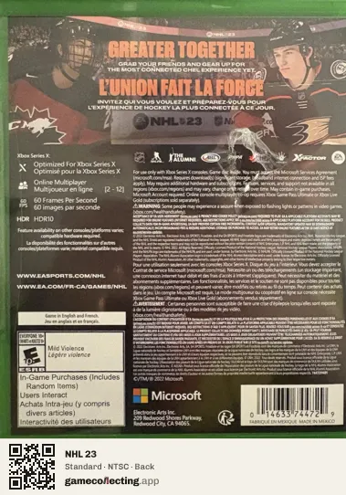 NHL 23 Xbox Series X, NTSC box back