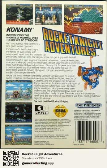 Rocket Knight Adventures Sega Mega Drive / Genesis, NTSC box back