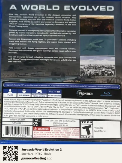 Jurassic World Evolution 2 PlayStation 4, NTSC box back