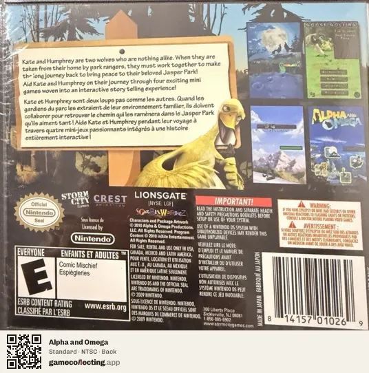 Alpha and Omega Nintendo DS, NTSC box back