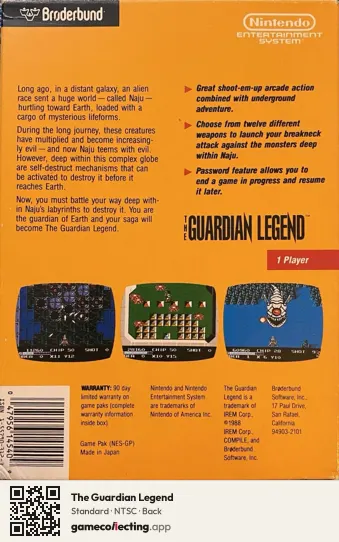 The Guardian Legend Nintendo Entertainment System, NTSC box back