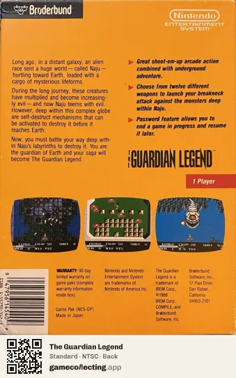 The Guardian Legend Nintendo Entertainment System, NTSC box back