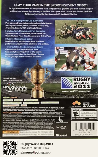 Rugby World Cup 2011 Xbox 360, NTSC box back