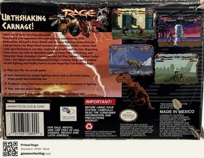 Primal Rage Super Nintendo Entertainment System, NTSC box back
