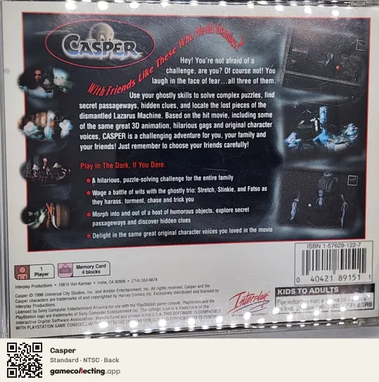 Casper PlayStation, NTSC box back