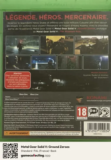 Metal Gear Solid V: Ground Zeroes Xbox One, France box back