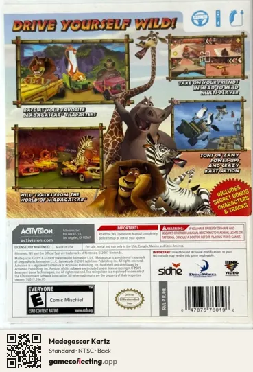 Madagascar Kartz Nintendo Wii, NTSC box back